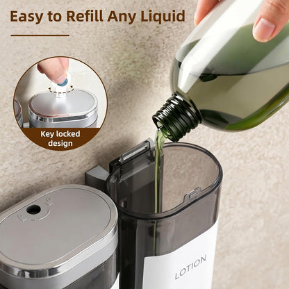 GMISUN Shower Soap Dispenser Wall Mounted with Razor Holder & Loofah Hook, No Drill Design Shampoo and Conditioner Dispenser, Plastic Shower Soap Dispenser Bottles with Labels Set of 3,Satin Silver