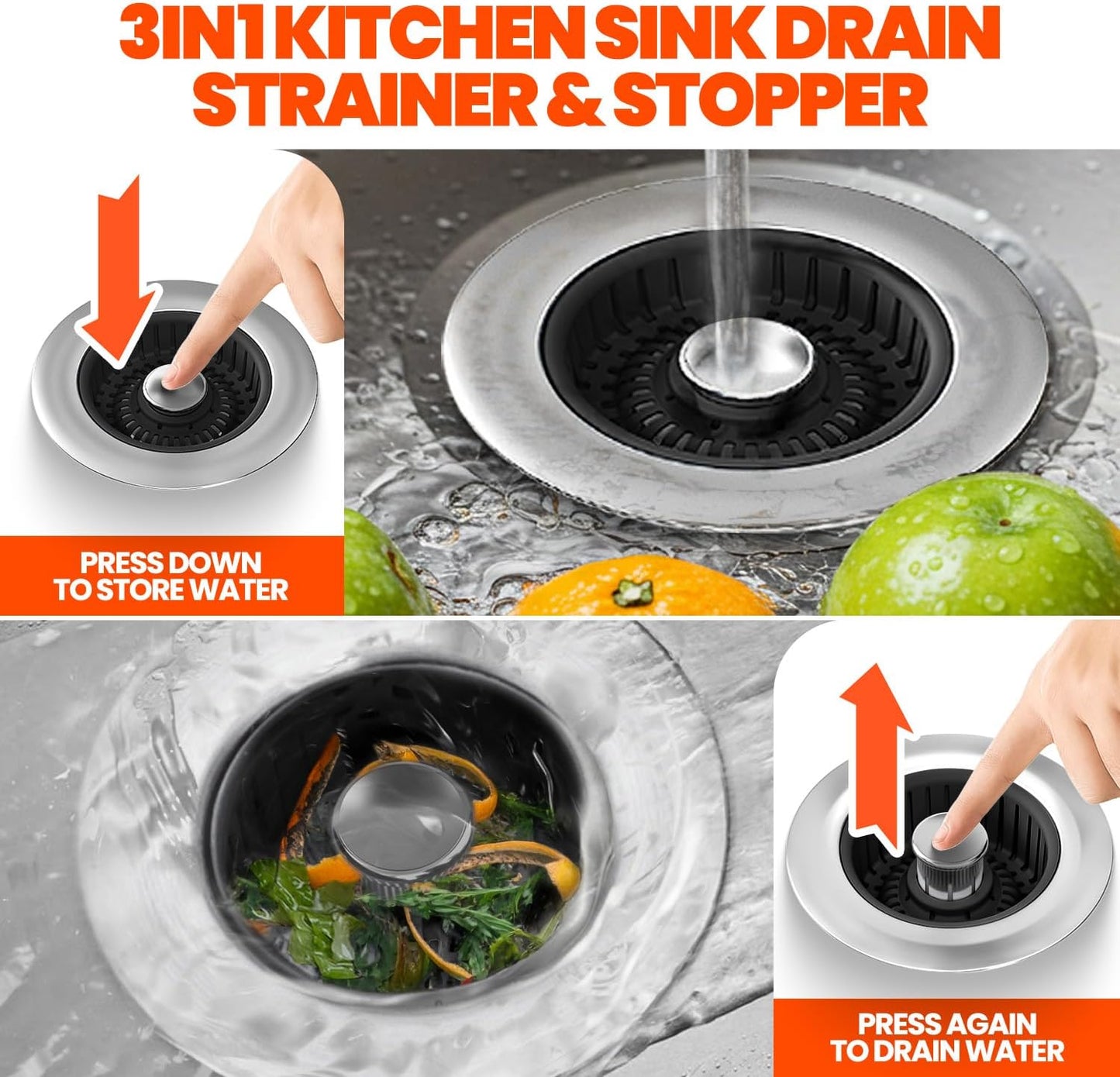 3 in 1 Kitchen Sink Drain Strainer Stopper Basket Pop Up Silver | Kitchen Sink Accessories Strainer Basket 2 Pack Silver,Stainless Steel Anti-Clog Catcher, Odor-Blocking Seal Fits 3.5" Drain