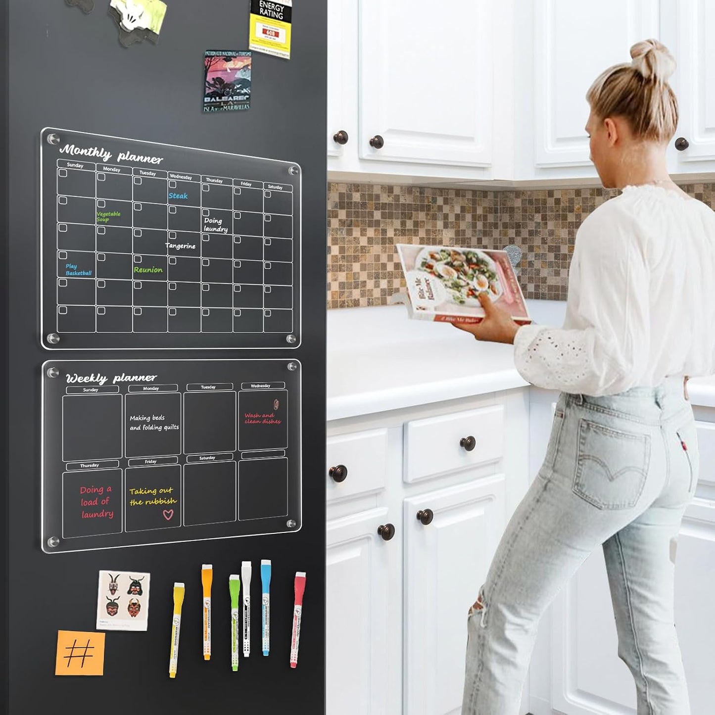 Acrylic Calendar for Fridge, Monthly Clear Acrylic Magnetic Dry Erase Board for Refrigerator, Set of 2 Stronger-Magnetic Reusable Fridge Planner, Includes 6 Liquid Chalk Markers
