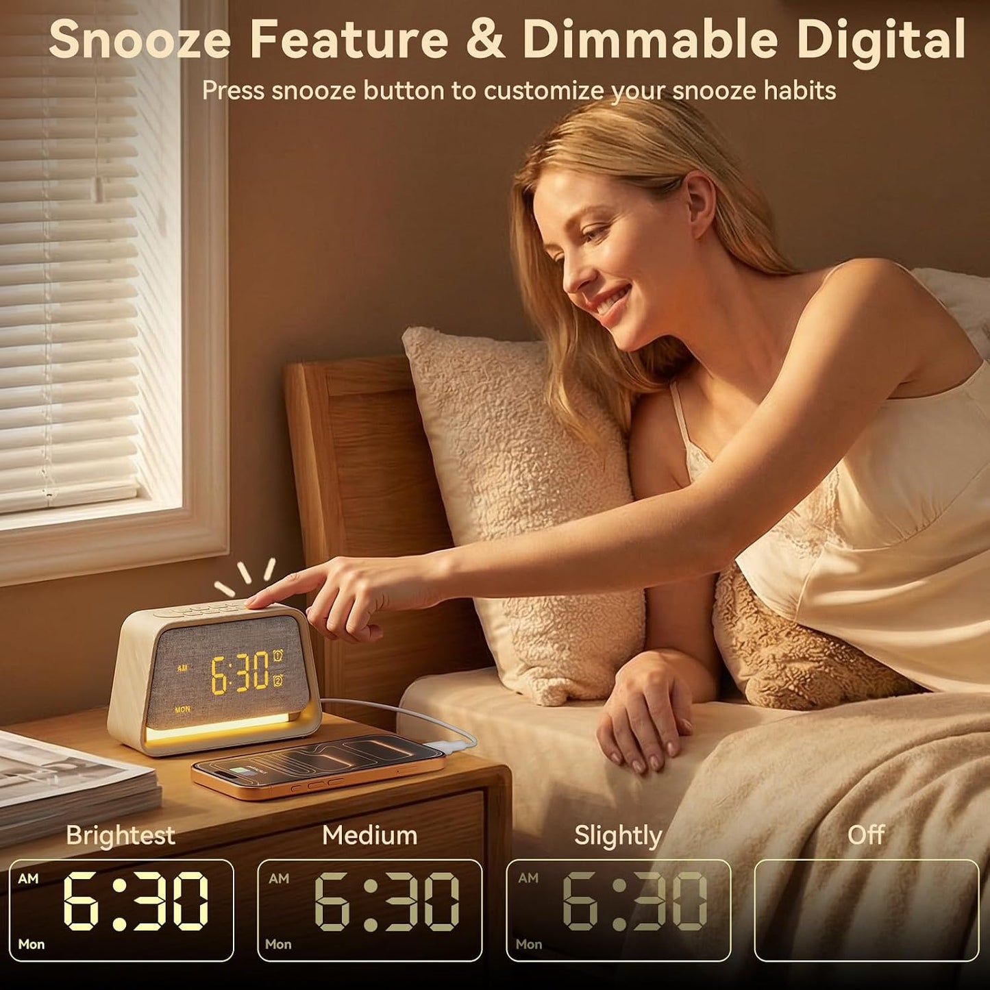 Vivilumens Dual Alarm Clock Wooden 20 White Noise Sound Machine Gentle Wake Up Light for Adults Sleeping Digital Dimmable Night Light Bedside Lamp Sunrise Alarm Clock for Bedroom Gift for Mom Girls