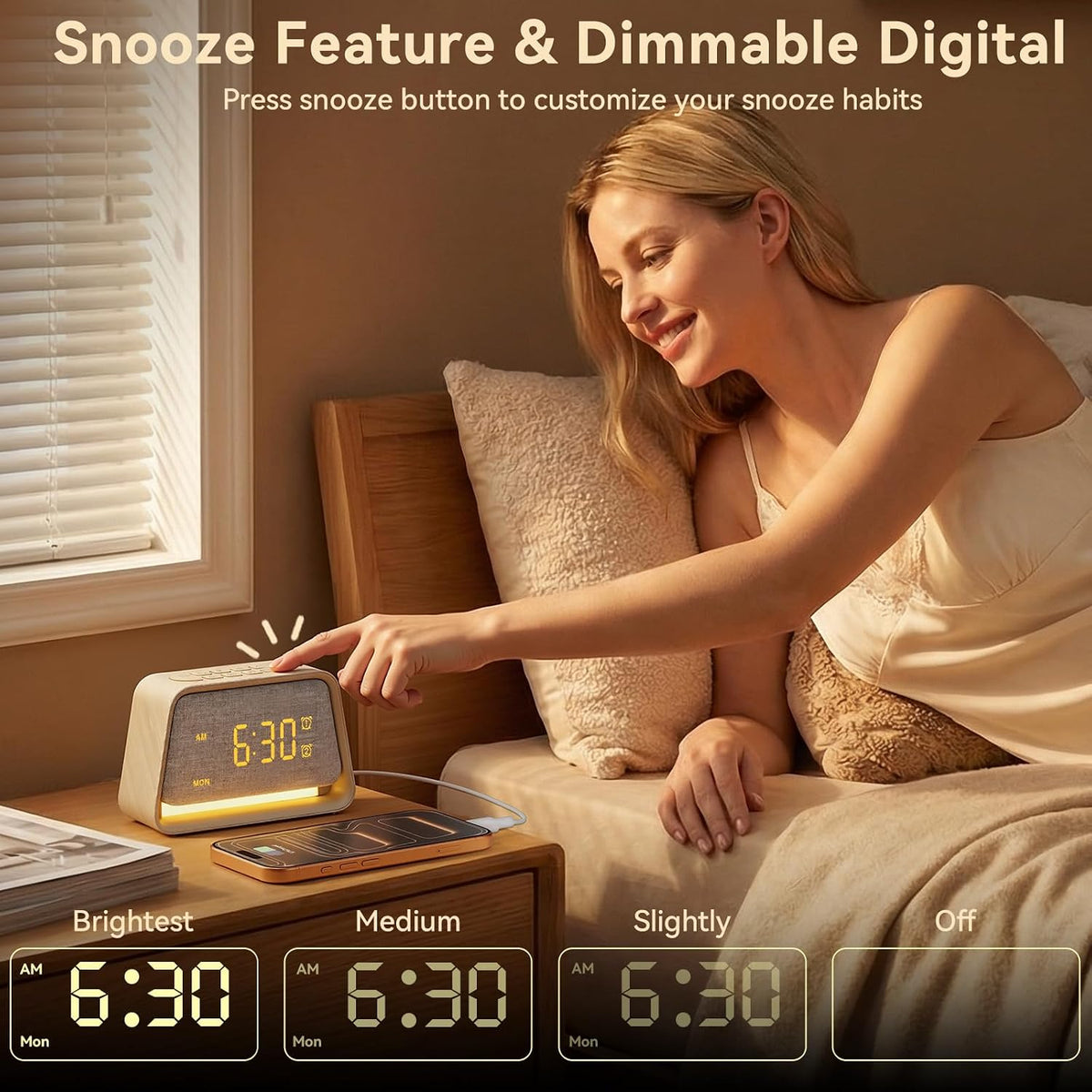 Vivilumens Dual Alarm Clock Wooden 20 White Noise Sound Machine