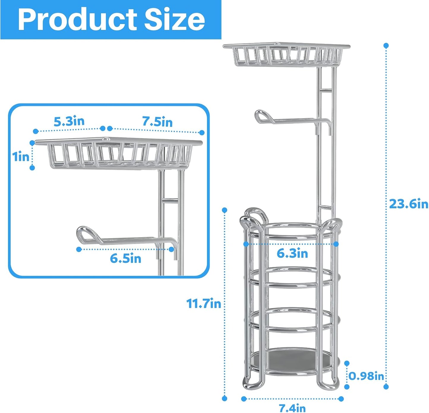 Toilet Paper Holder Stand with Shelf, Free Standing Tissue Roll Storage Rack with Dispenser for Bathroom, Black