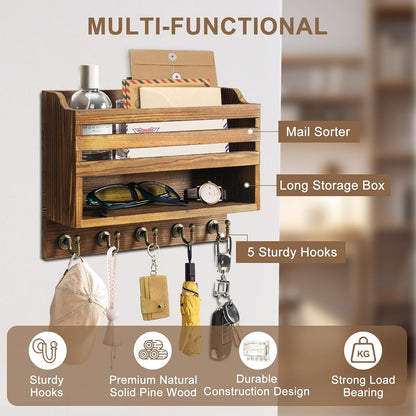 Key Holder Wall Mount with Mail Organizer, 5 Key Hooks, Brown | Wood Mail Organizer Wall Mounted with 5 Key Hooks & Storage Box and Mail Organizer for Entryway, Apartment, Home and Office
