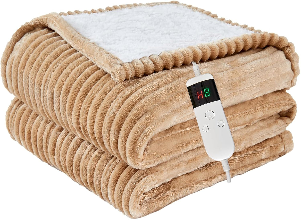Heated Blanket Electric Throw, Soft Flannel Heating Blanket with 8 Hours Auto Off 10 Fast Heating Levels Machine Washable Sherpa Heated Blanket with Overheating Protection