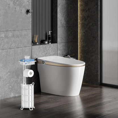 TomCare Toilet Paper Holder Free Standing with Shelf, Stable 4 Raised Feet | Stores 4 Mega Rolls, Tool-Free Assembly, Powder-Coated Metal Frame, Bathroom Storage Organizer for Spare Rolls, Silver