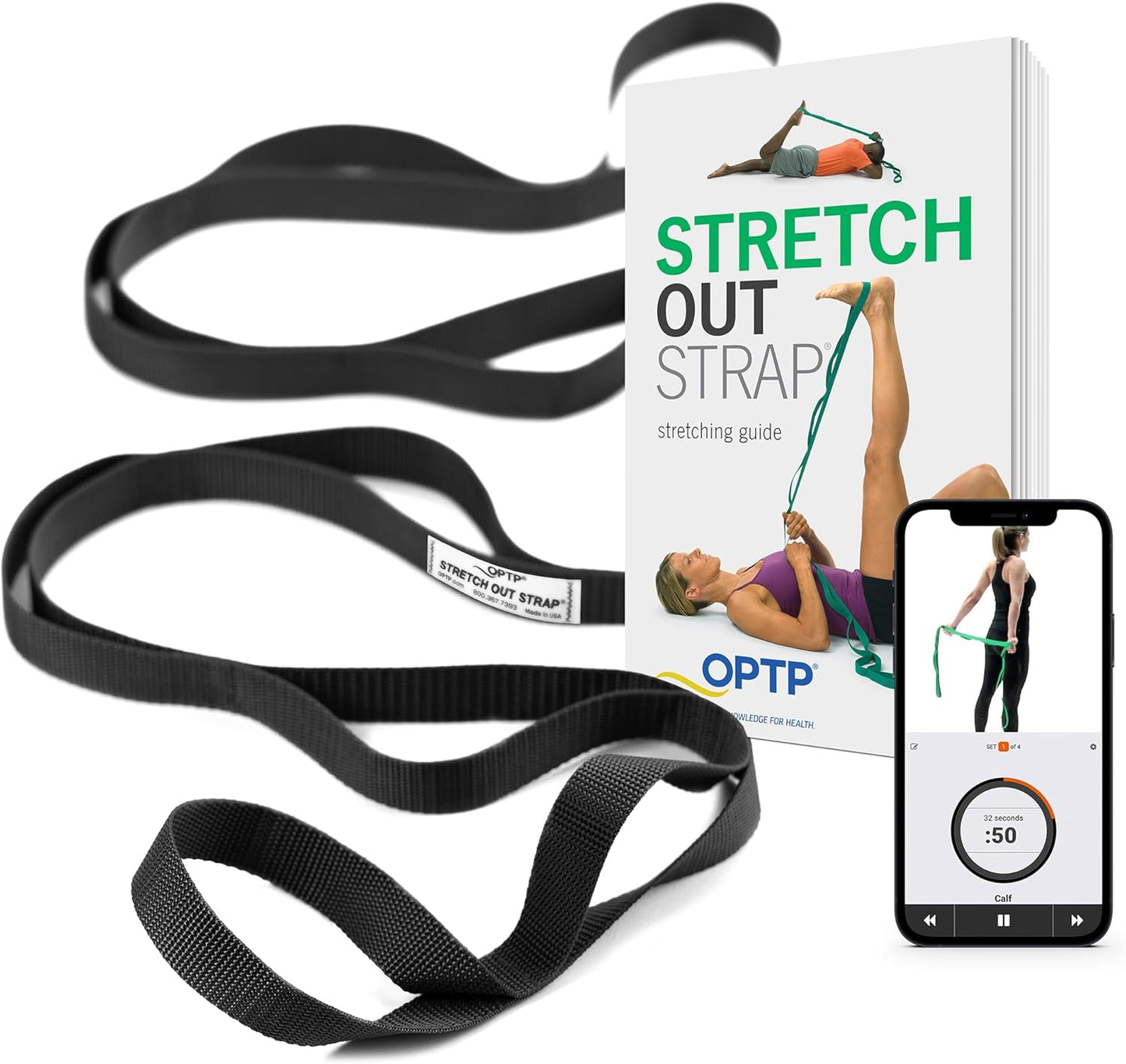 OPTP The Original Stretch Out Strap XL with Exercise Book, Made in the USA | Stretch Out Strap for physical therapy, yoga stretching strap or knee therapy strap, 10 loops, 7'5" long durable woven strap