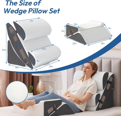 Ahpmeoa 6PCS Wedge Pillow Set for After Surgery, Back Pillow for Bed Sitting Up, Orthopedic Bed Wedge for Body, Leg Pain Relief, Memory Foam Pillow for Post Surgery, Sleeping, Acid Reflux, Plush Grey