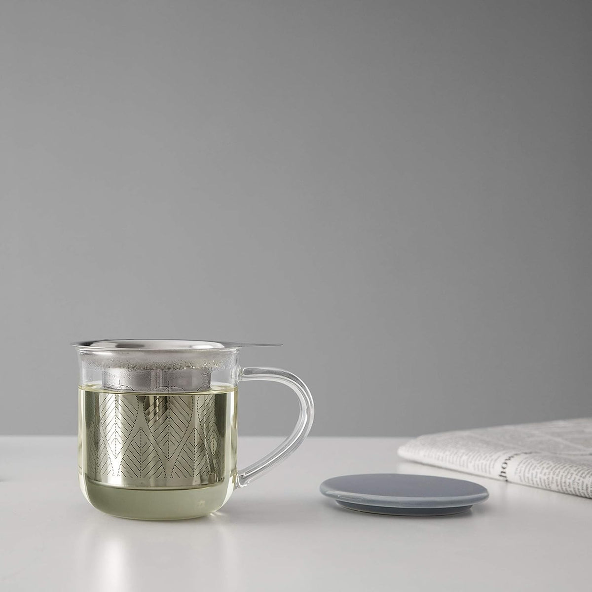 VIVA Minima Balance Glass Tea Cup with Infuser and Lid, 17oz, Clear Bamboo