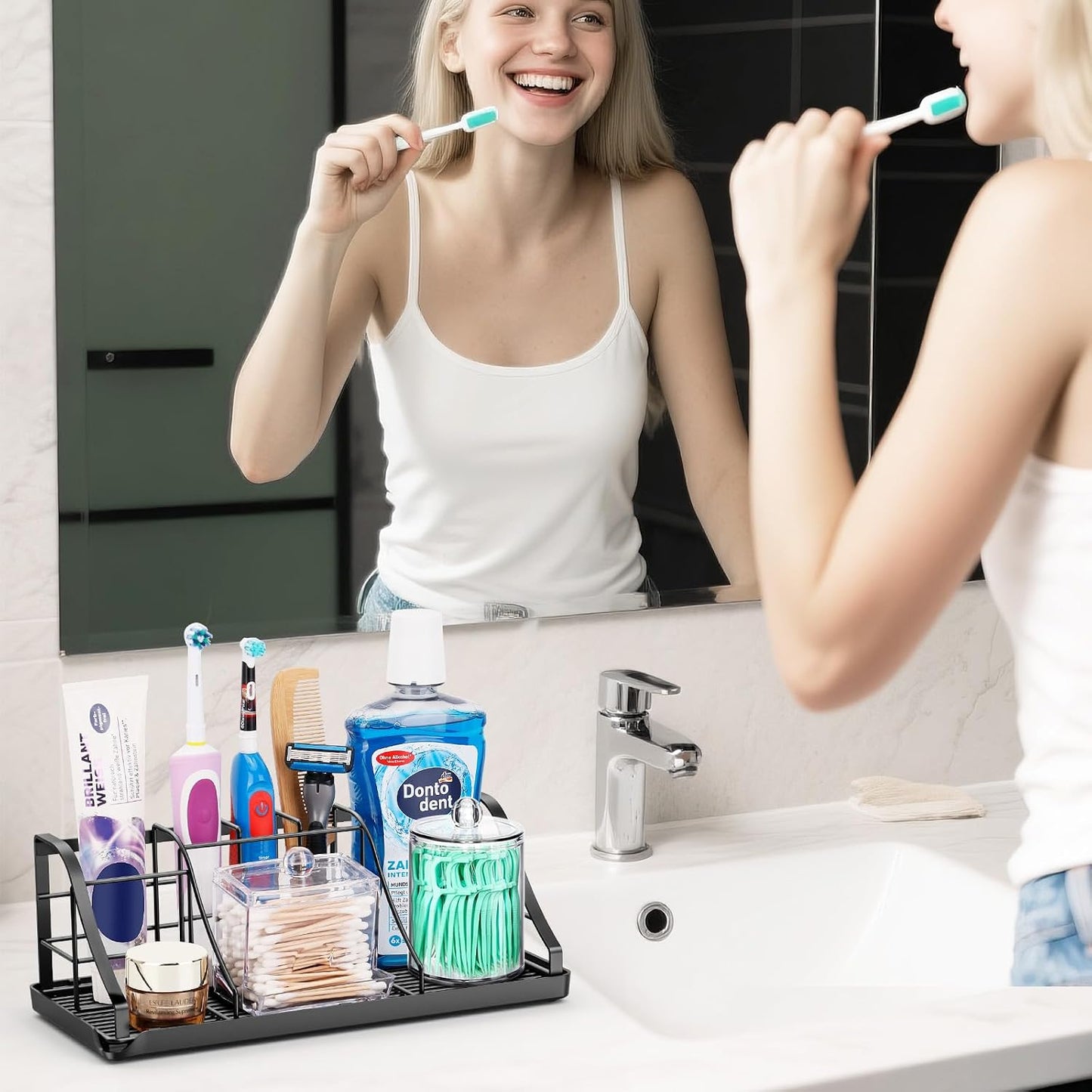 Toothbrush Holders for Bathroom,Black,Stainless Steel,Detachable,Tray,3 Slot