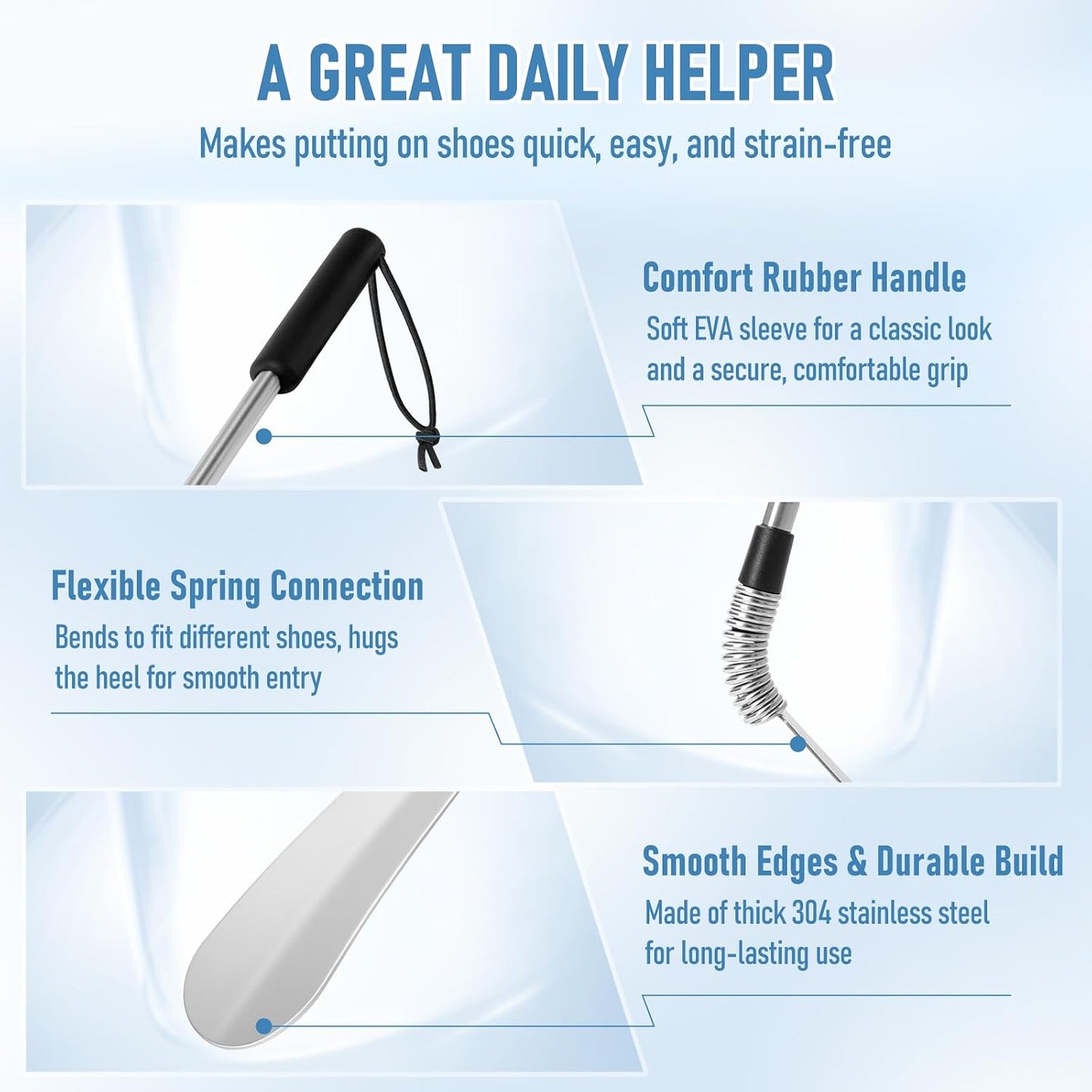 Fanwer Premium Long Handled Shoe Lifter 16" to 31" Adjustable Expander Shoe Horn - Extends & Collapses Stainless Steel Telescopic Spring Shoehorn