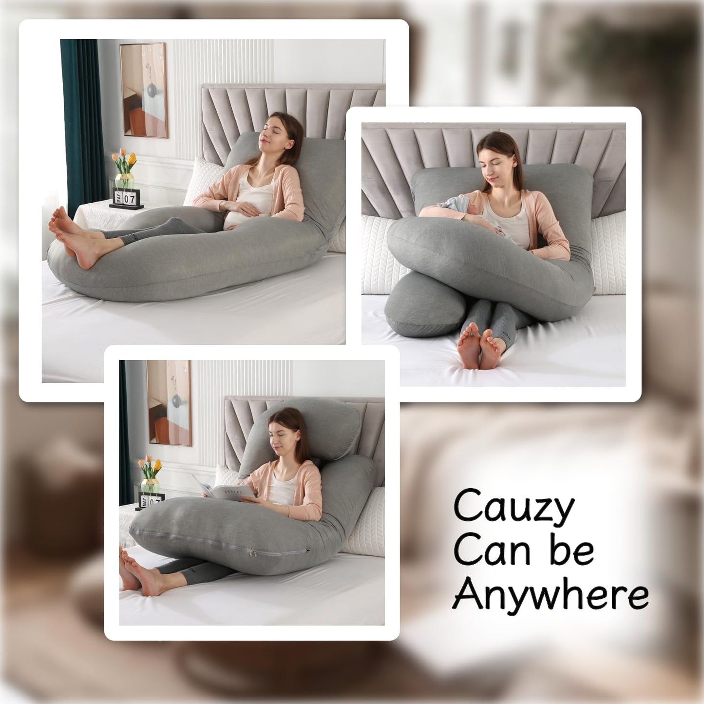 ALLOPERA Pregnancy Pillows for Sleeping, 57-Inch U-Shaped Full Body Maternity Pillow with Adjustable Fill and Removable Washable Cover, Back, Belly, Hip and Leg Support for Pregnant Women, Black Grey