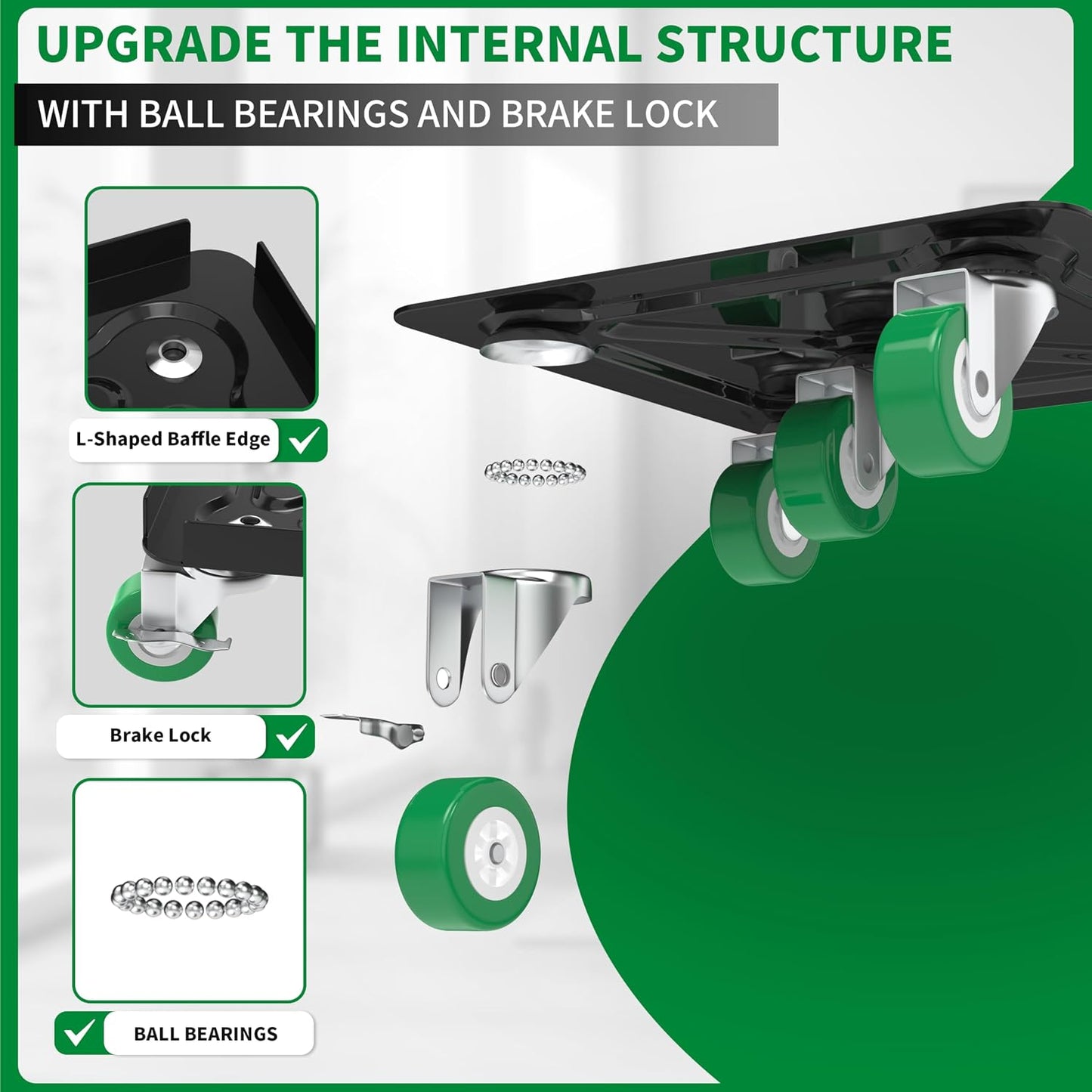 Heavy Duty Furniture Dolly 360 Rotate 5 Wheels 3000 Lbs Capacity 5.3x5.3 in | Furniture Movers with Green Wheels, Measure Tape & Leveler, Alloy Steel Furniture Lifter Tool for Smooth Home & Office Uses