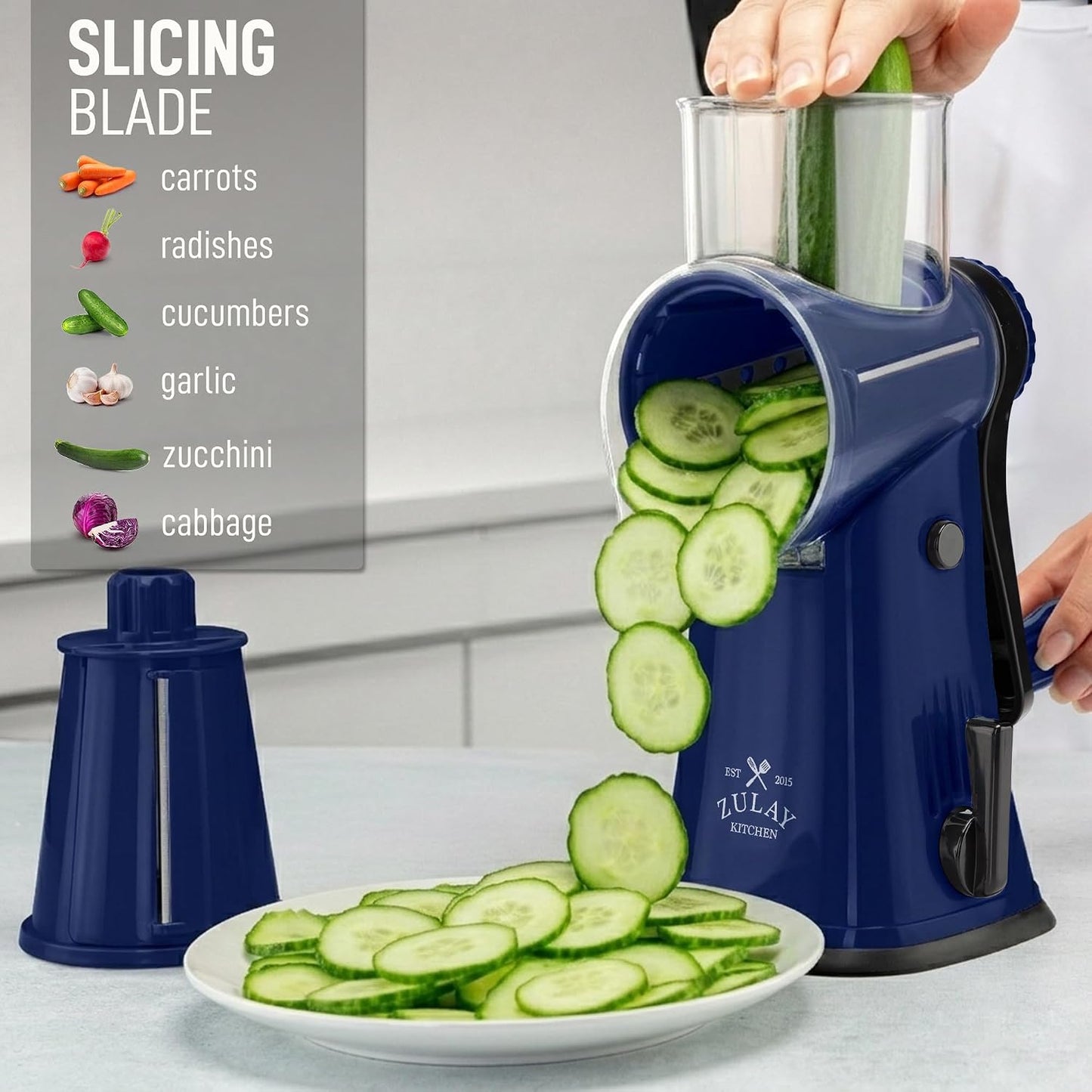 Zulay Kitchen Rotary Cheese Grater 5 Blade Cheese Shredder - Manual Hand Crank Cheese Grater With Reinforced Suction & 5 Interchangeable Drums - Easy to Use, Vegetable Chopper Round Mandoline Slicer - Colors A