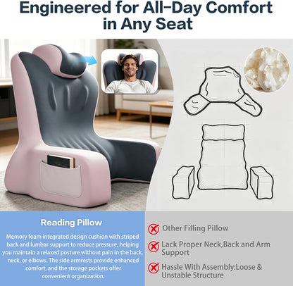 Reading Pillow- Memory Foam Back Pillow for Bed Sitting Up, Ergonomic Lumbar Support Cushion with Arms for Reclining, Gaming, Working, Resting, Watching TV﻿ (Grey)