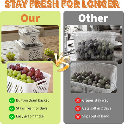 Fruit Storage Containers for Fridge, Grape Containers with Built-In Drain Basket, 2-Pack No-Leak Design, Saves Space, Durable and Easy to Clean, Easy Grab Handle, Keeps Grapes and Berries Fresh
