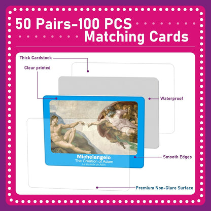 gisgfim 100 PCS Memory Matching Game Famous Paintings Concentration Memory Card for Adults Learning Educational Game A Fun & Fast Artworks Theme Matching Games
