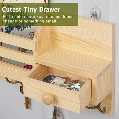 Key Holder Wall Mount, Wooden Key and Mail Organizer, Black | 2 Mount Options, Includes 8 Hooks, Fence Mail Slot, Small Drawer and Shelf, for Entryway, Hallway, Doorway, Living Room, RV
