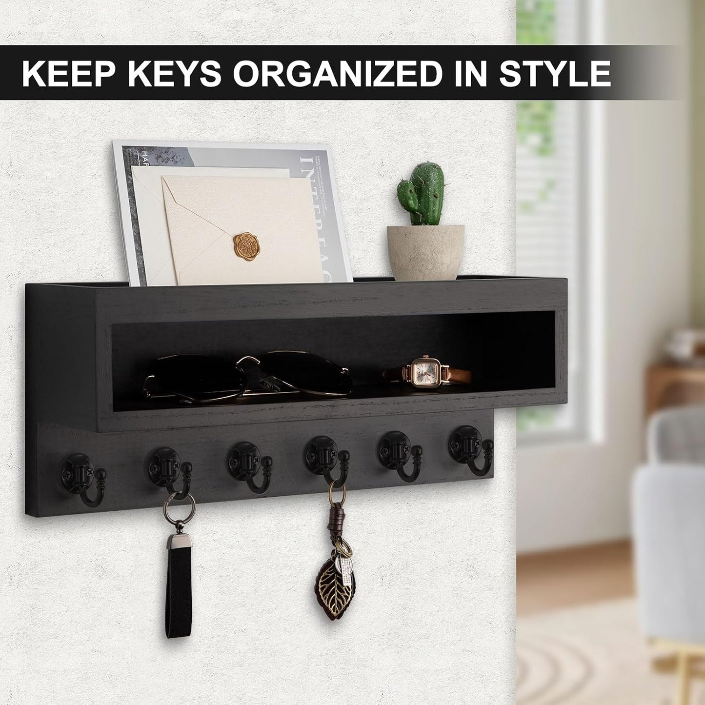 Key and Mail Holder Wall Mount with Long Storage Box and 6 Hooks | Key Holder For Coat, Dog Leash, Home Decor Rack, Entry Way Organizer