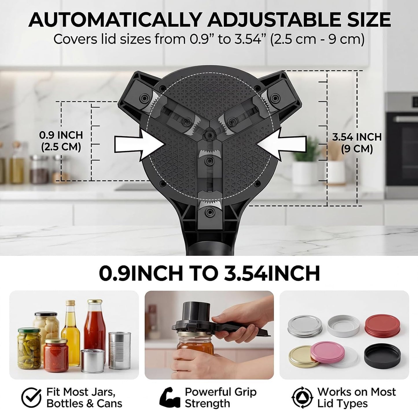 Electric Jar Opener for Seniors with Arthritis, TFCC & Weak Hands Black | Patented Power-Grip Auto-Tighten Manual Lid Opener, Rechargeable 2-in-1 Jar & Bottle Opener with Storage Hook & Non-Slip Pad