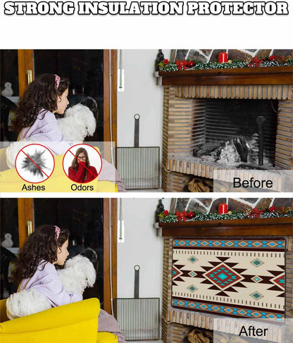 Brown Blue Magnetic Fireplace Cover, Fireplace Draft Blocker, Green Southwest Ethnic Native American Boho Fireplaces Blanket for Heat Loss/Cold Air, Fireplaces Draft Stopper Cover for Inside 39''x32''