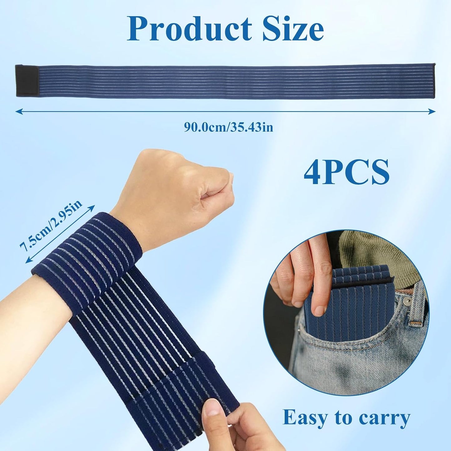 4 Pack Ice Pack Holder Straps for Cold Therapy, 35.5" x 3" Stretch Elastic Wrap with Hook and Loop, Reusable Extender Belt for Knee Shoulder Back (Straps Only, No Ice Packs)(White)