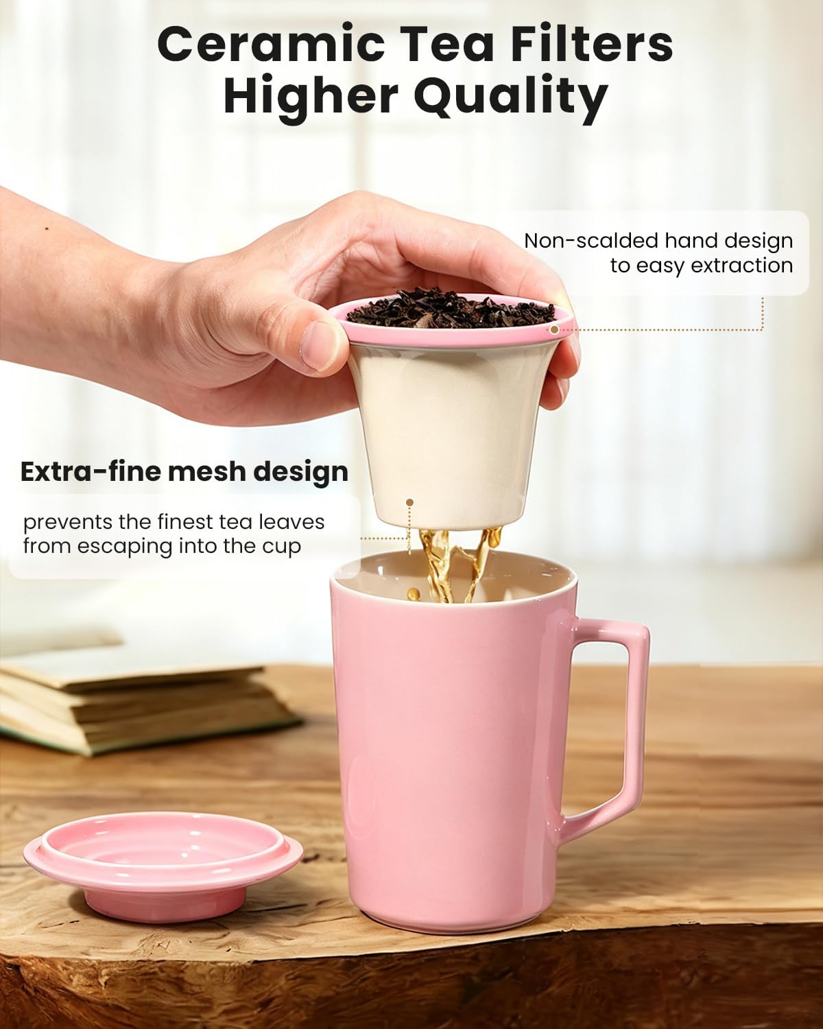 15 oz Ceramic Tea Infuser Cup with Lid - Tea Mug with All Porcelain Strainer for Loose Leaf Teas,Microwave and Dishwasher Safe,Metal-Free,BPA-Free for Tea Lovers/Birthday (Black)