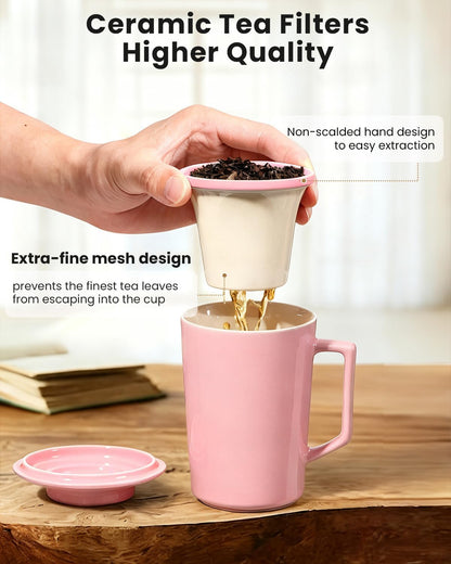 15 oz Ceramic Tea Infuser Cup with Lid - Tea Mug with All Porcelain Strainer for Loose Leaf Teas,Microwave and Dishwasher Safe,Metal-Free,BPA-Free for Tea Lovers/Birthday (Black)