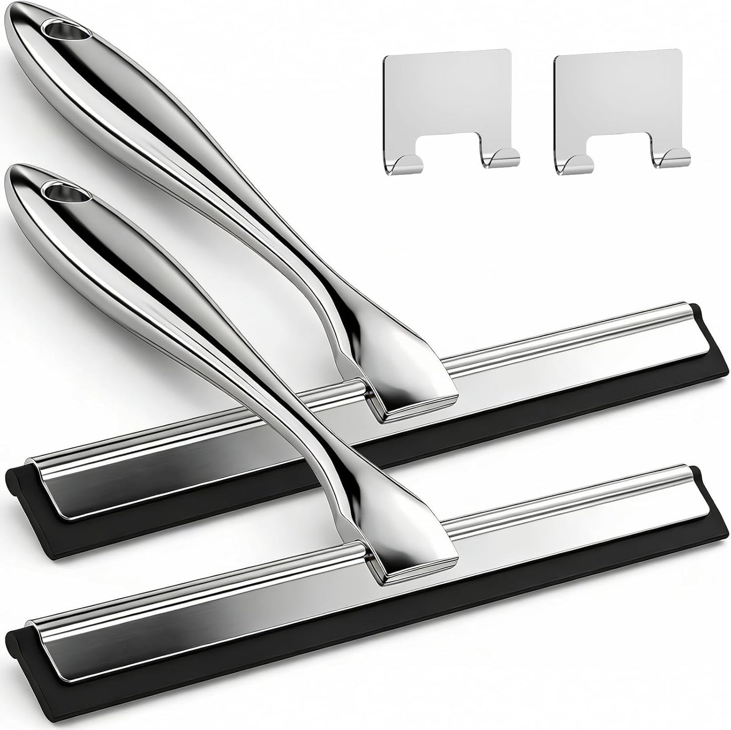 2pcs Shower Squeegee for Glass Doors with Adhesive Hanging Hook Set | 10” Silver, Bathroom Accessories, Window Cleaner, New Home Essentials, Soft Rubber Blade, Metal Handle, Ergonomic Grip