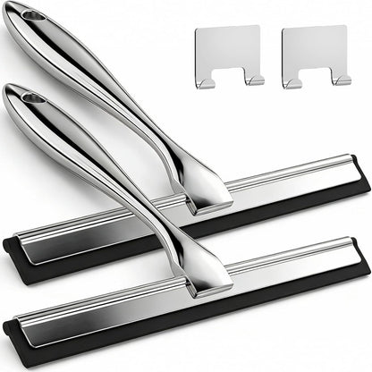 2pcs Shower Squeegee for Glass Doors with Adhesive Hanging Hook Set | 10” Silver, Bathroom Accessories, Window Cleaner, New Home Essentials, Soft Rubber Blade, Metal Handle, Ergonomic Grip