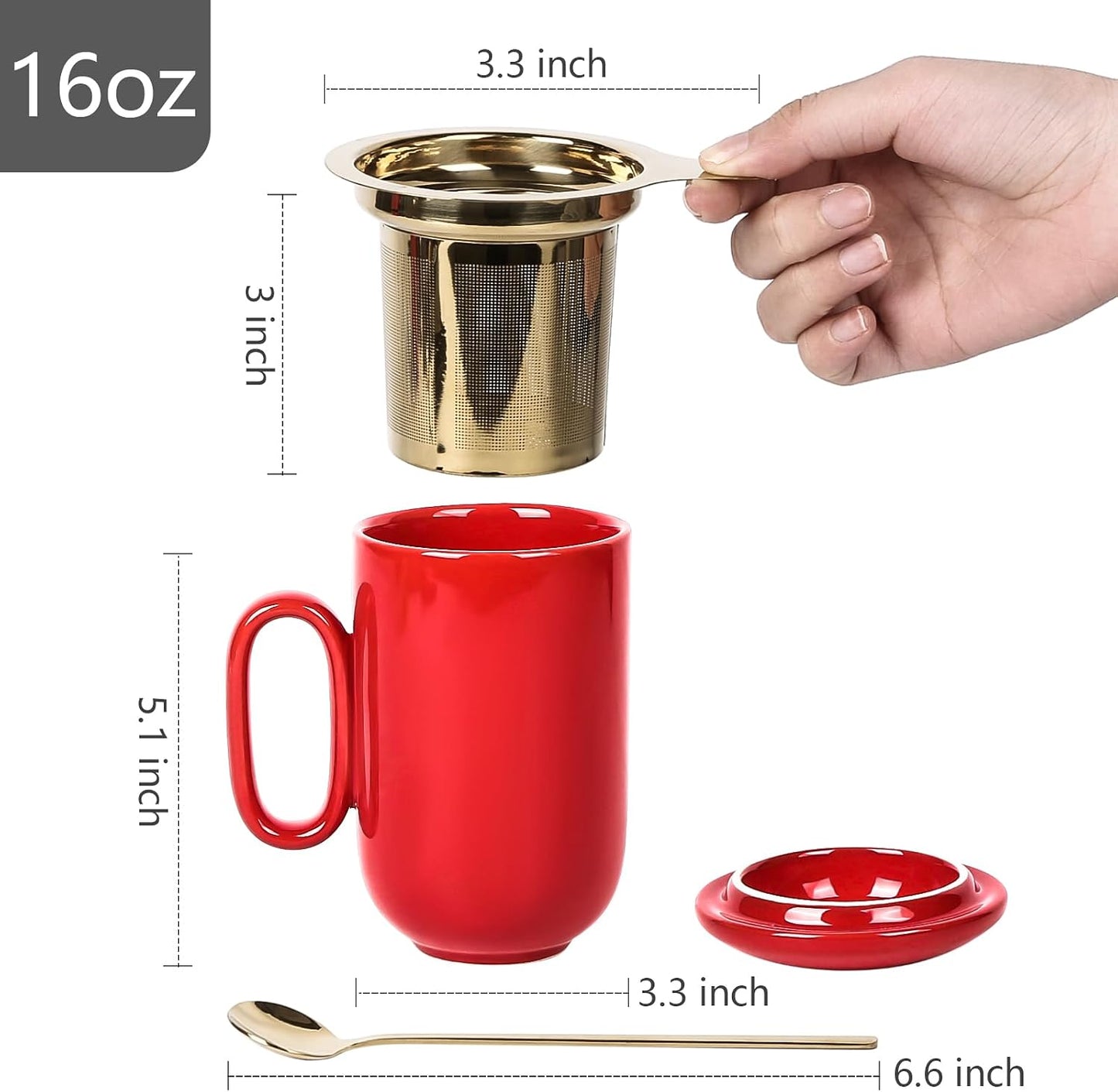Ceramic Tea Cup Mug Infuser - VICRAYS Large 16 oz Hot Loose Steeping Handle Teacup with Leaf Infuser Spoon Lid - Blue Tall Glazed Strainer Coffee Mug Microwave Safe - Blue