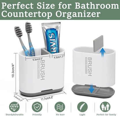 Bamboo Toothbrush Holder for Bathrooms Toothpaste Organizer, Small, White | 2 Slots, Easy to Clean, Plastic, Kids Electric Toothbrush, Drainage, Removable, For Bathroom, Vanity, Kitchen Sink, Office