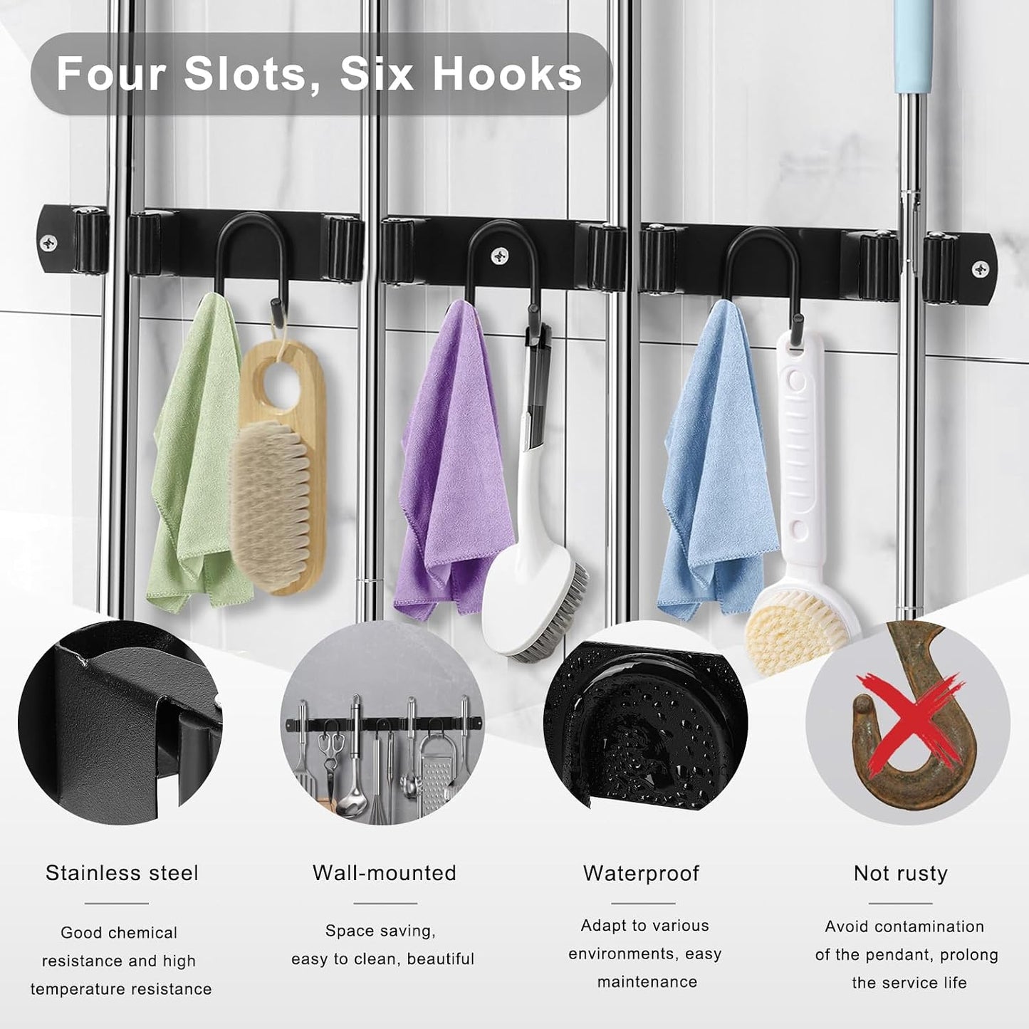 Mop Broom Holder Wall Mount, Gold Stainless Steel Tool Storage Organizer for Kitchen Garden Garage Laundry Room Bathroom and RV with 4 Slots 6 Hooks