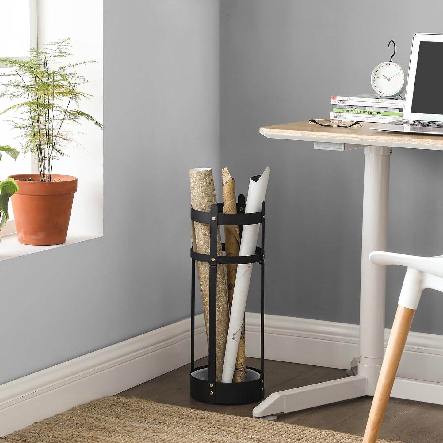 SONGMICS Umbrella Stand, Steel Round Umbrella Holder Rack, 7.7 x 7.7 x 21.7 Inches, with Detachable Drip Tray, for Entryway, Office, Stable, Assembly Required, Matte Black ULUC28BK