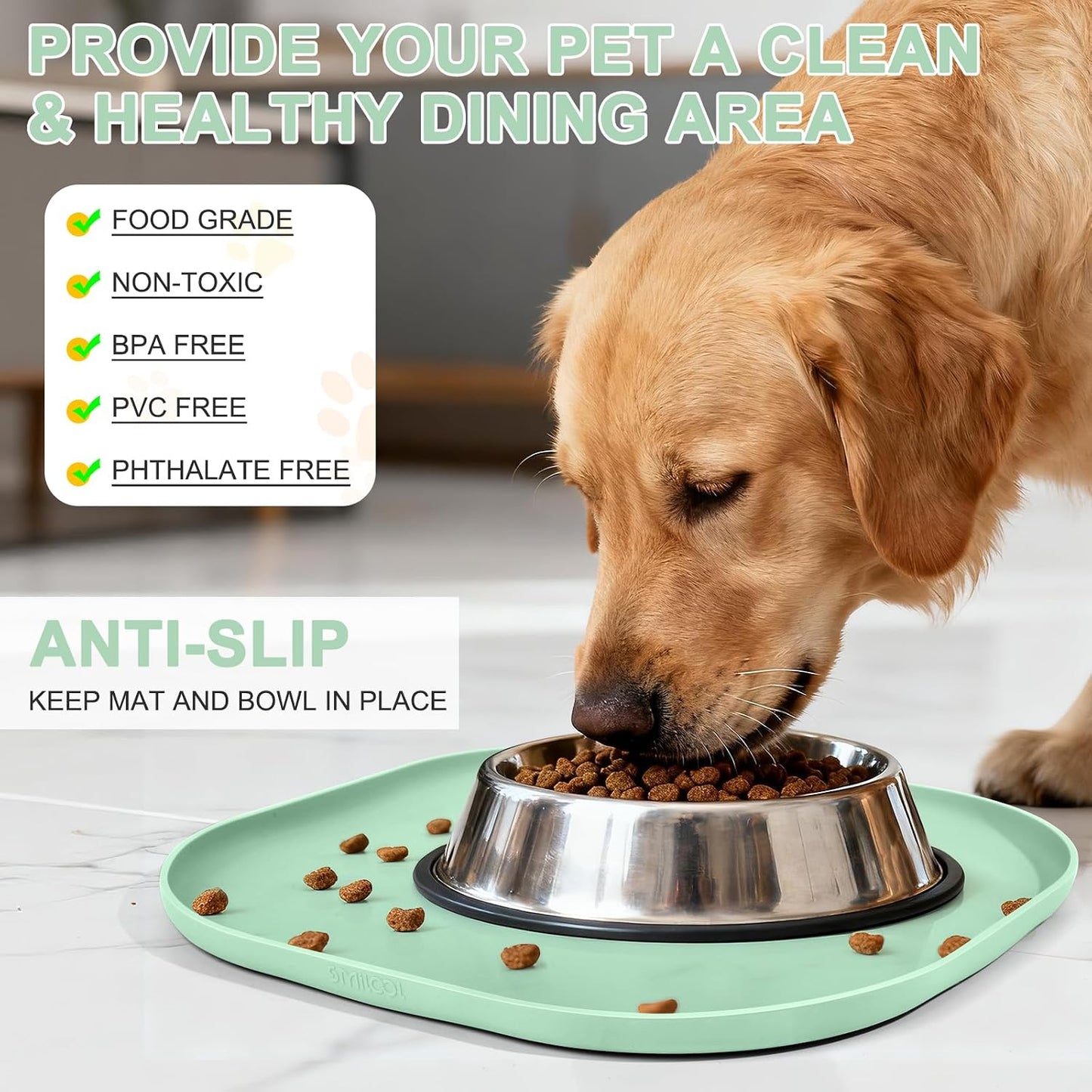 SMILOOL Waterproof Silicone Pet Food Mat with Raised Edge for Dog & Cat | 19" x 12" Non-Slip Pet Feeding Mats with Lip for Food & Water Bowl, Food Grade, Easy Cleaning, Black