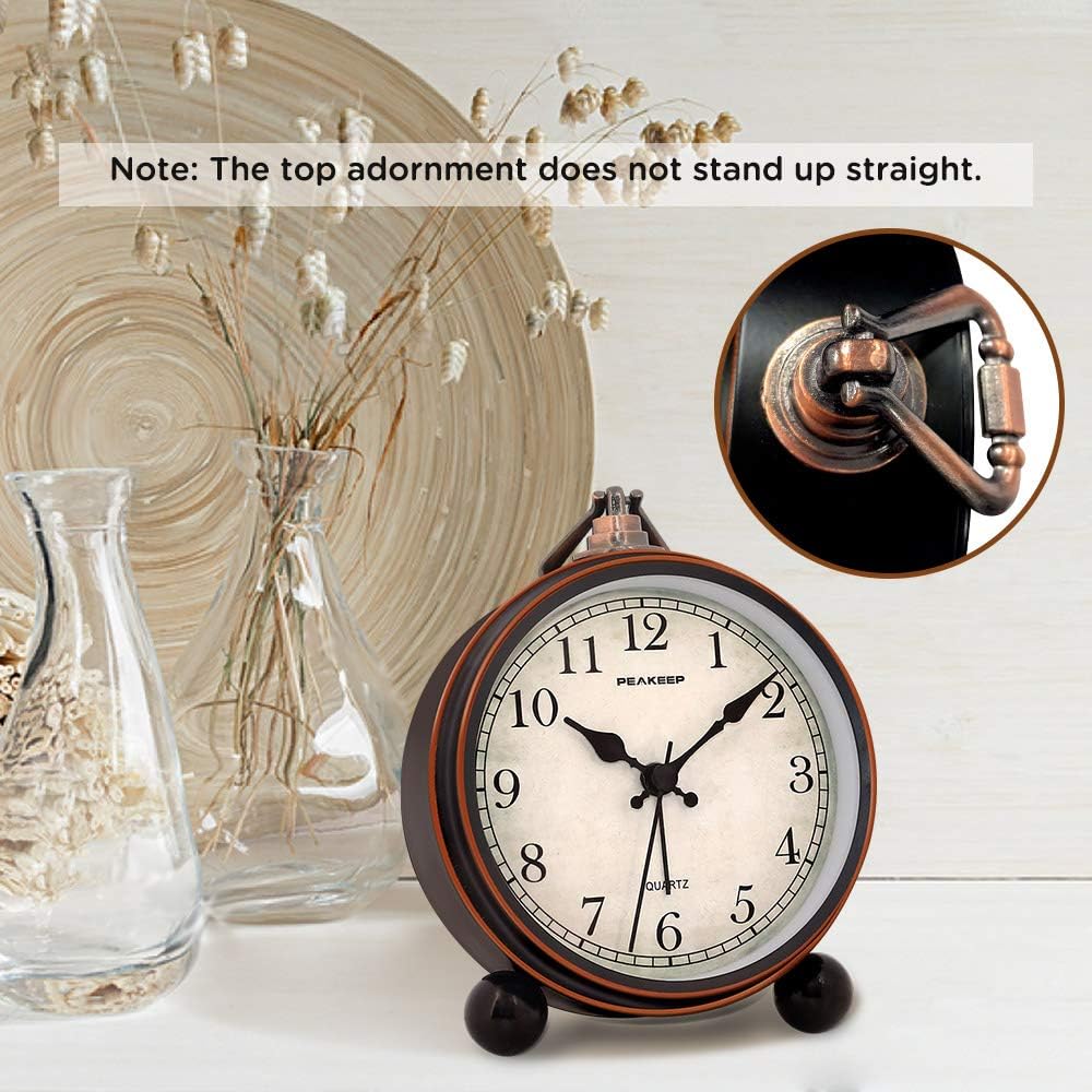 Peakeep 4" Small Battery Operated Antique Retro Analog Alarm Clock | with Contour Lines in Gold for Room Decor, Silent Elegant Bedside Desk Table Gift Clock
