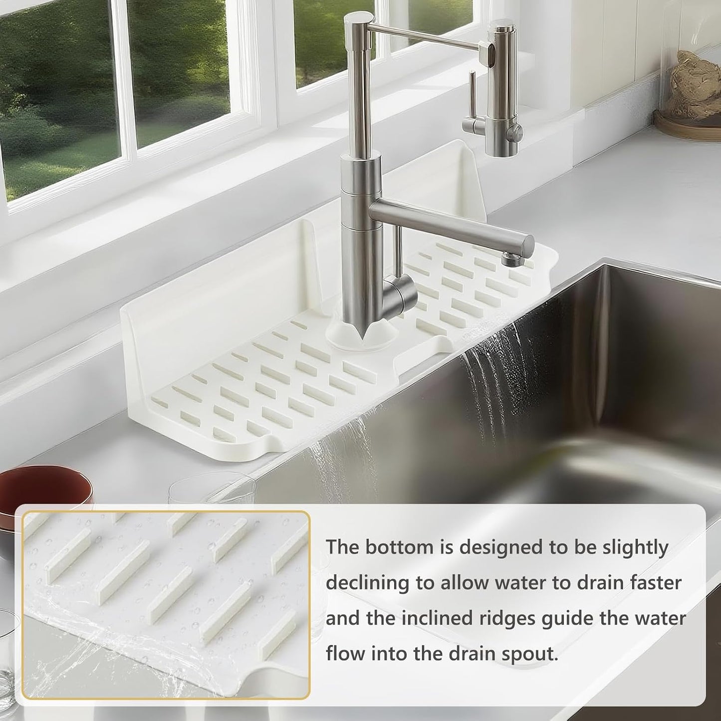 Sink Splash Guard Behind Faucet, Silicone Sink Faucet Drying Mat & Dish Soap Sponge Holder, 17" x 5.5" Silicone Kitchen Sink Auto Drain Organizer (Grey)