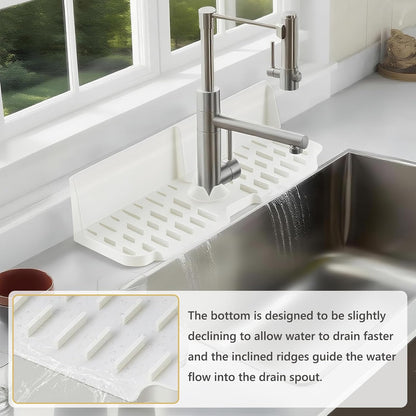 Sink Splash Guard Behind Faucet, Silicone Sink Faucet Drying Mat & Dish Soap Sponge Holder, 17" x 5.5" Silicone Kitchen Sink Auto Drain Organizer (Grey)