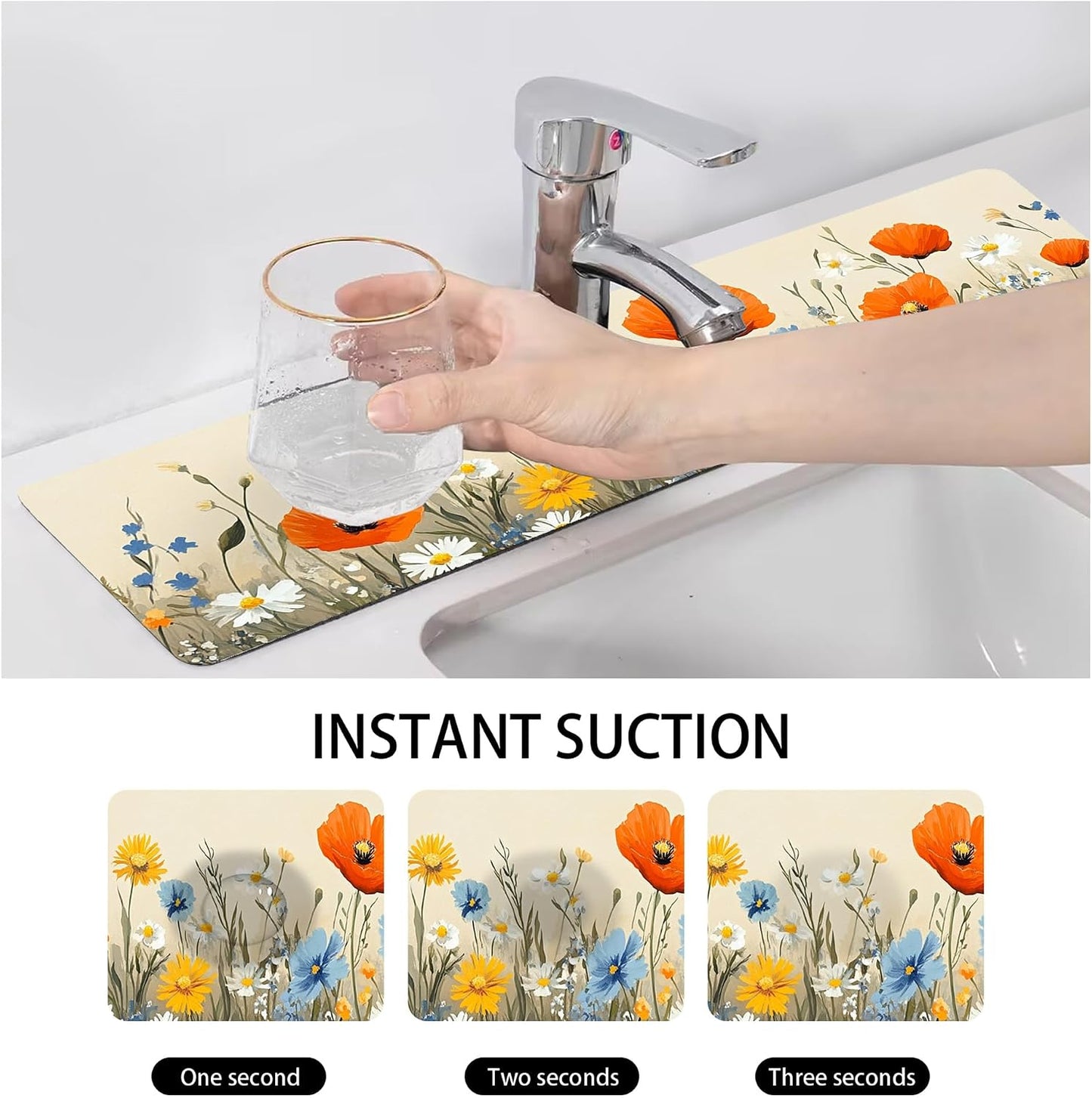 Bimkole 2 PCS Faucet Absorbent Mat, Kitchen Faucet Sink Splash Guard Wraparound Cloth Pads Drip Catcher for Sink Faucet for Kitchen Bathroom Faucet, Colorful Faucet Mat, 15 x 4 Inch Flower A6