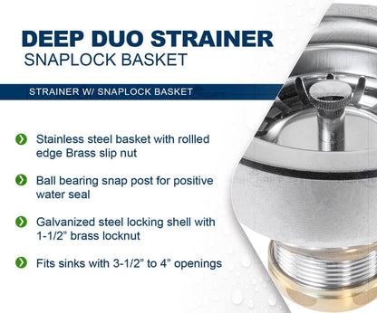 Highcraft 9754 Kitchen Sink (3-1/2 Inch) Stainless Steel Drain Assembly With Strainer Basket and Snaplock Stopper Long Extended Shank (3-3/4 Inch)
