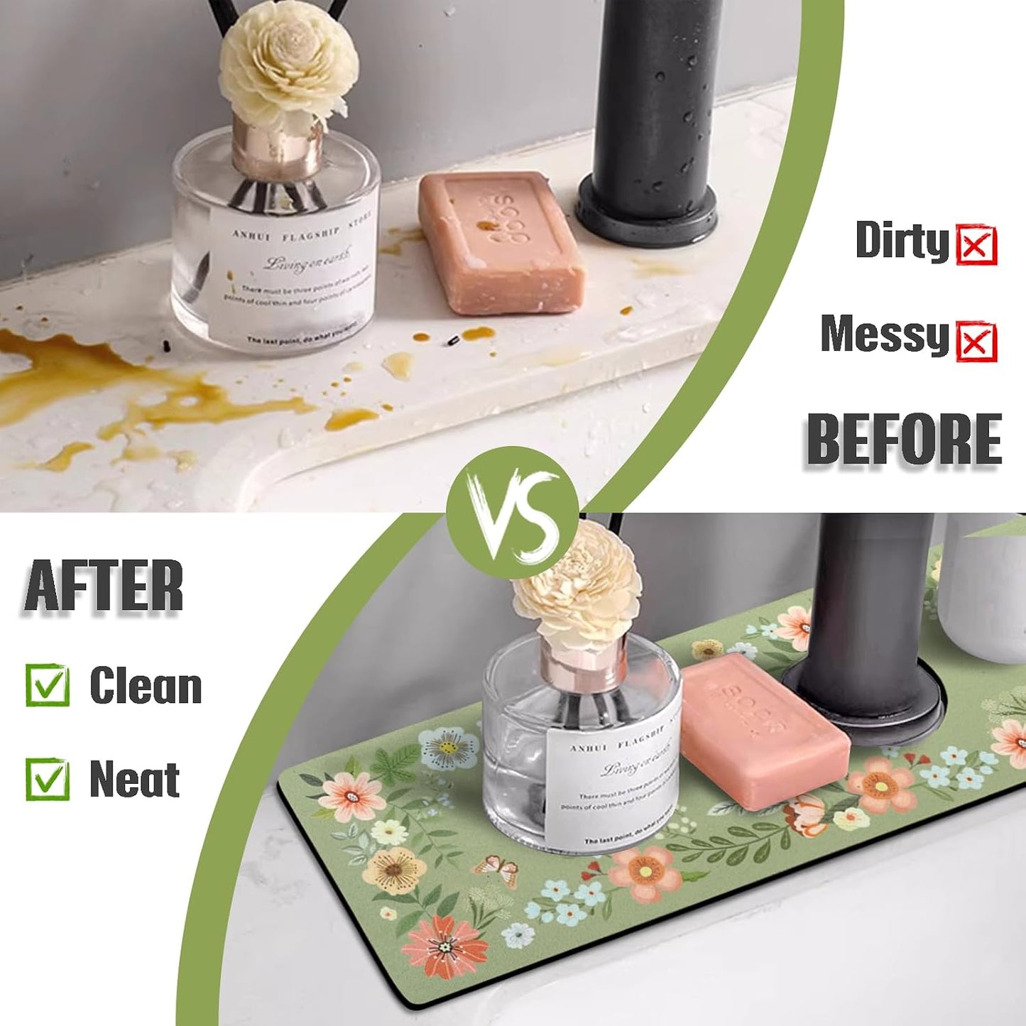 Sink Faucet Absorbing Mat, 2 Pack Drying Mat Around Faucet Sink Splash Guard Behind Faucet Sinkmat For Kitchen Bathroom Island Rv 24 * 5.5 Inch (60 * 14 cm)