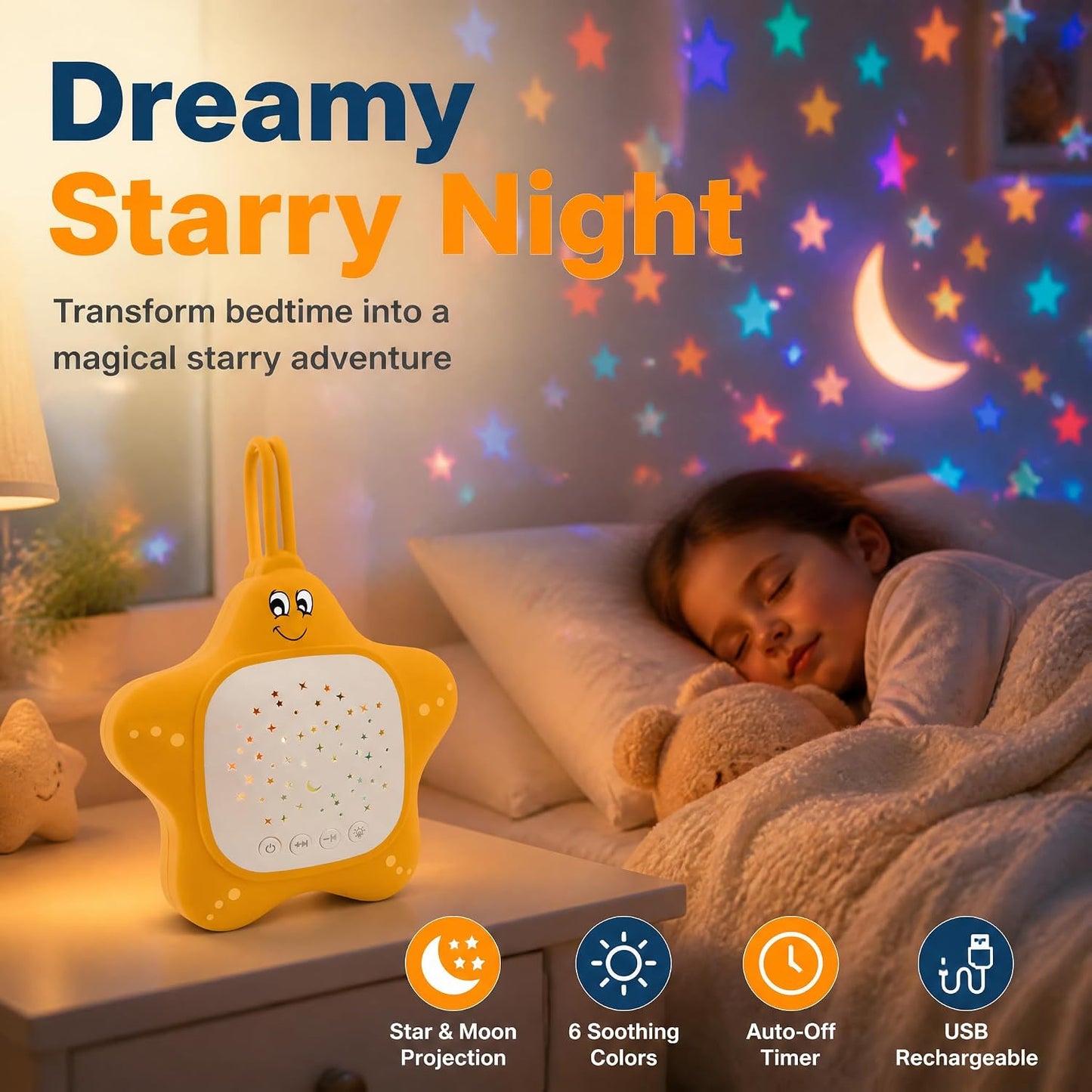 Portable White Noise Machine for Baby | Sleep Aid Music Lullaby Sound Machine with Star Projector for Nursery, Home, Travel | Gift for Infants, Toddlers, Kids