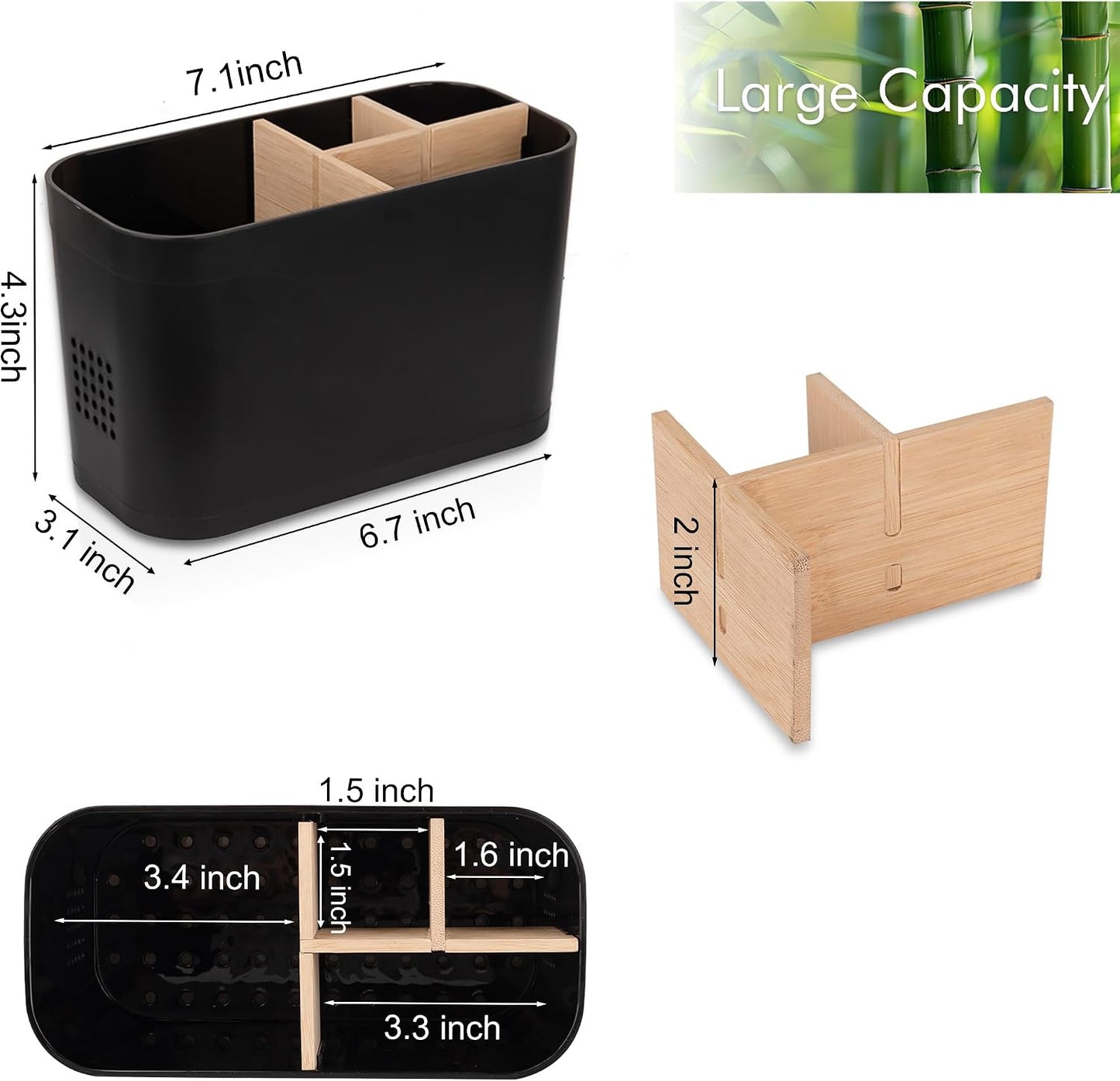 Electric Toothbrush Holder Tooth Brush and Toothpaste Organizer, Black | 3 Slots, Drainage Holes, Removable Bamboo Divider, Ventilation Design, Space-Saving, for Bathroom Countertop, Shower, Vanity