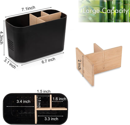 Electric Toothbrush Holder Tooth Brush and Toothpaste Organizer, Black | 3 Slots, Drainage Holes, Removable Bamboo Divider, Ventilation Design, Space-Saving, for Bathroom Countertop, Shower, Vanity