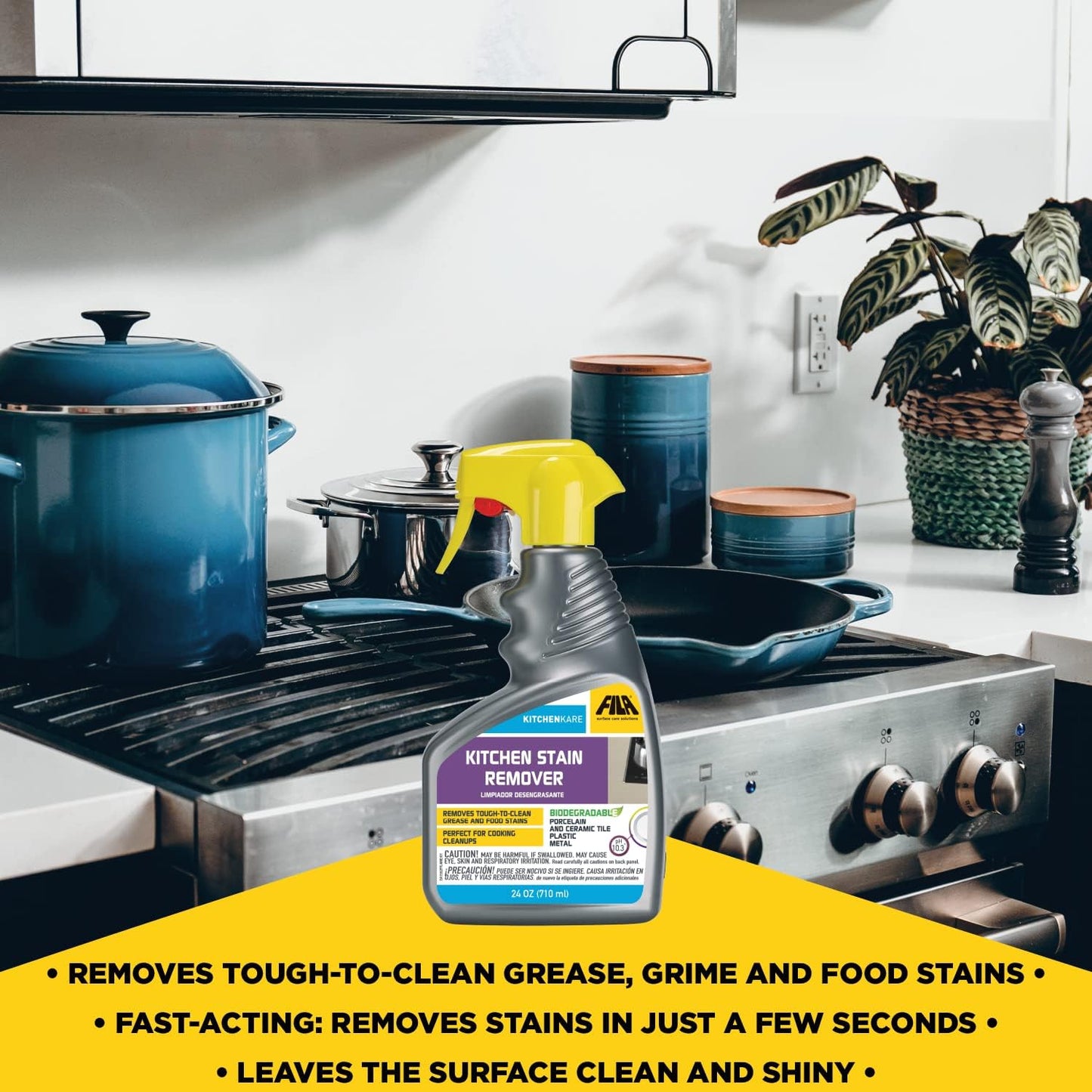 FILA Surface Care Solutions, KITCHENKARE, Heavy Duty Degreaser Cleaner for Kitchen, Grill, Oven, Fireplace; BBQ Cleaner Spray, Desengrasante de Cocina, Degreasing Detergent Bike Chain, 24OZ