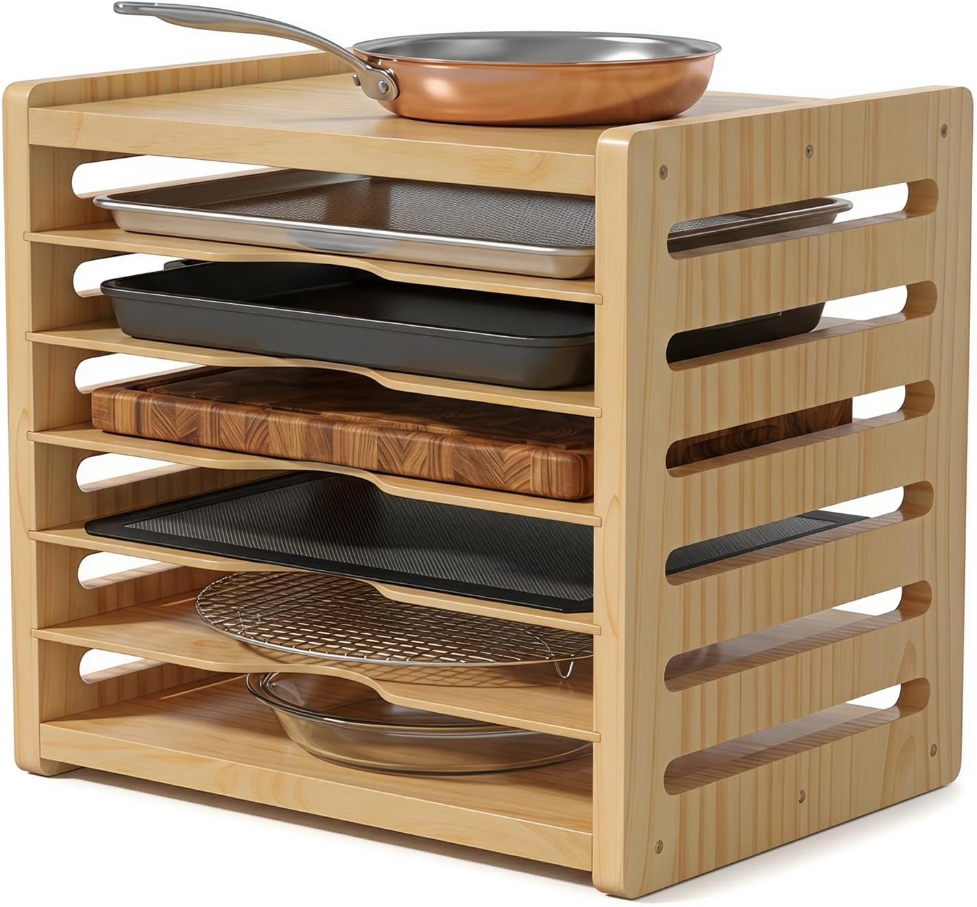7 Tier Wooden Tray Dividers for Cabinets | Kitchen Vertical Cookie Sheet Organizer, Baking Trays Storage Rack, For Baking Pans, Cutting Board