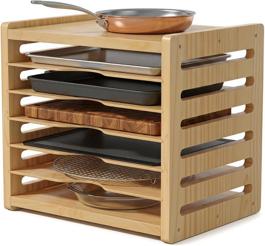 7 Tier Wooden Tray Dividers for Cabinets | Kitchen Vertical Cookie Sheet Organizer, Baking Trays Storage Rack, For Baking Pans, Cutting Board