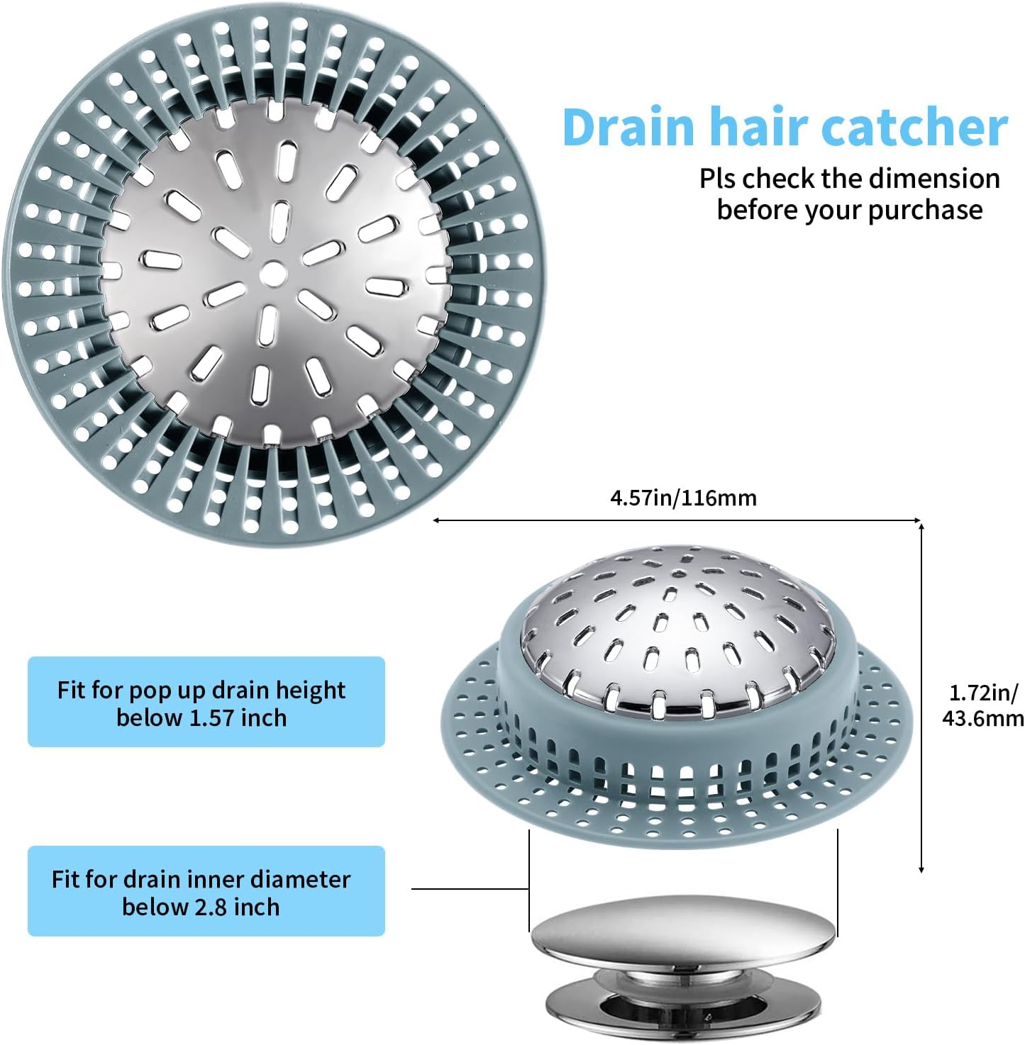 Aluvor Bathtub Drain Hair Catcher Shower Drain Cover Sink Drain Protector | Bathroom Sink & Bathtub Drain Strainer for Pop-Up & Regular Drains, grey