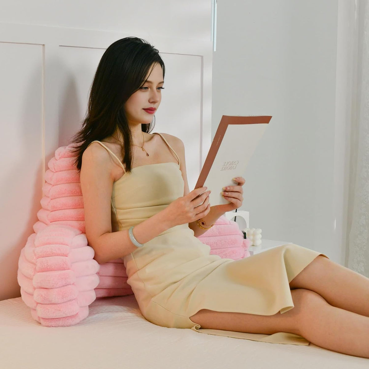 Large Reading Pillow for Adults, Back Support Pillow for Sitting Up in Bed with Arms, Couch for Lounging Bedrest, Pink