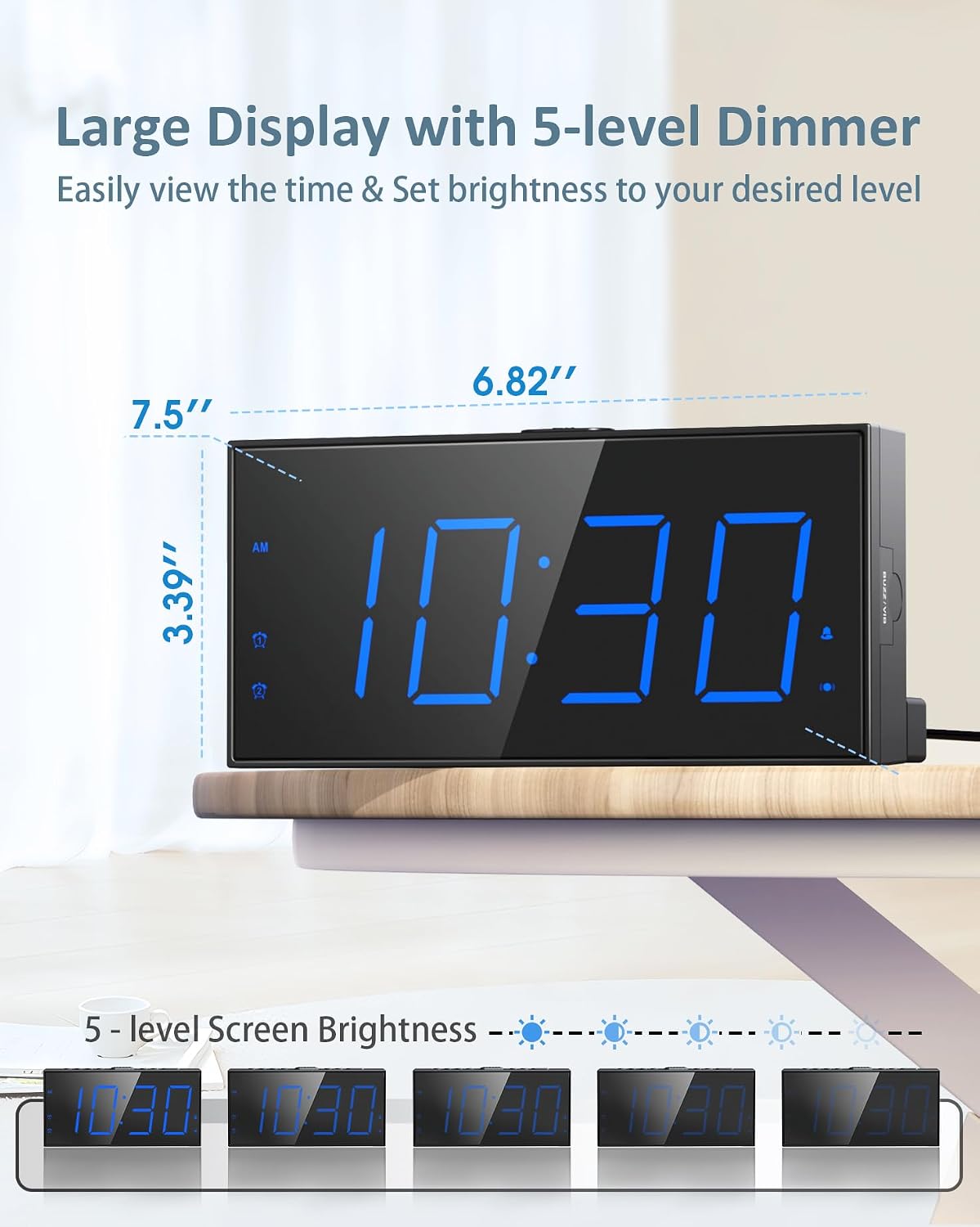 Roxicosly Alarm Clock with Bed Shaker, Vibrating Alarm Clock for Heavy Sleepers/Hard of Hearing/Deaf,Dual Alarms, 7.5’’ Large LED Display, Dimmer, USB Charging Port, Plug-in with Memory Function