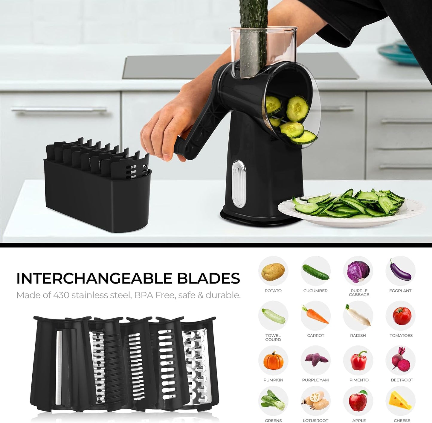 SUSTEAS Rotary Cheese Grater 5 Blades,Kitchen Mandoline Vegetable Slicer | White, Easy to Clean, Strong Suction Base, 5 Blades Storage Box, Round Mandoline Slicer & Food Chopper for Salad